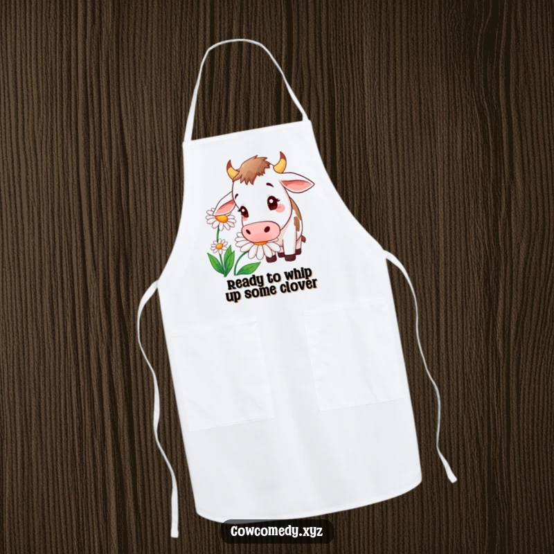 Funny kitchen apron illustrating a curious cow sniffing a vibrant, oversized daisy, bringing humor to cooking.