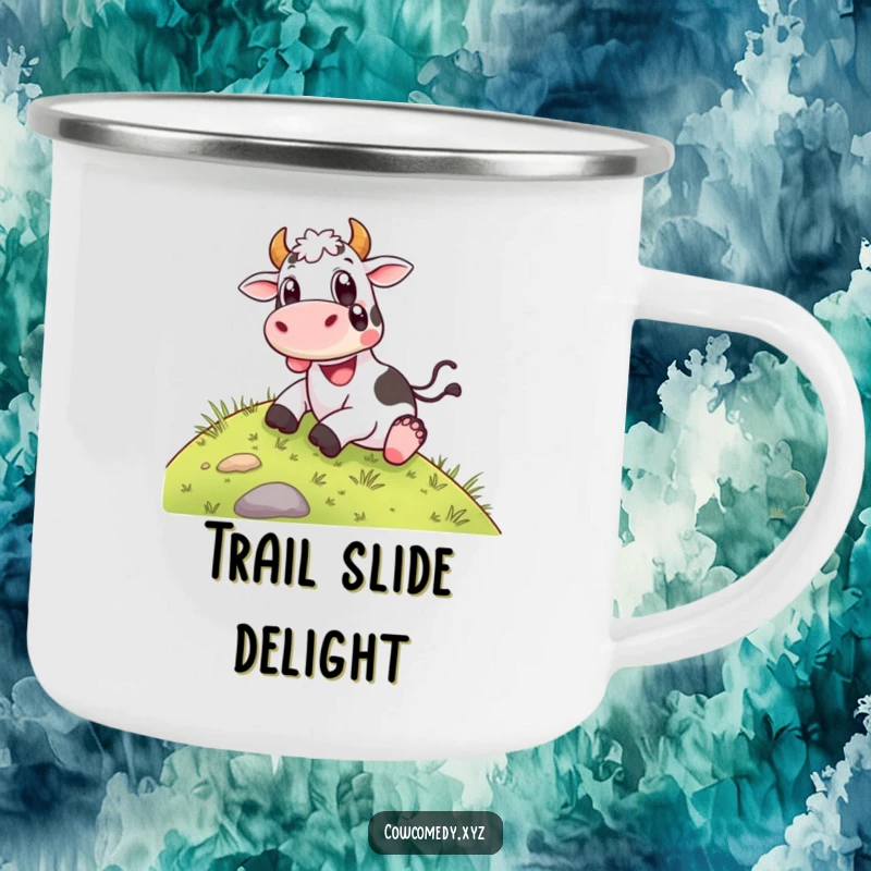 Funny Camping Mug: A happy cow sliding down a grassy hill with wide, delighted eyes, perfect for enjoying beverages outdoors.