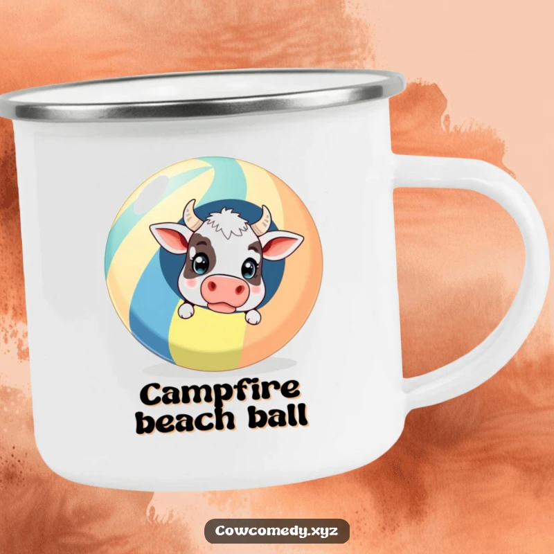 Funny Camping Mug: A surprised cow peeking out from behind a giant striped beach ball, perfect for enjoying beverages outdoors.