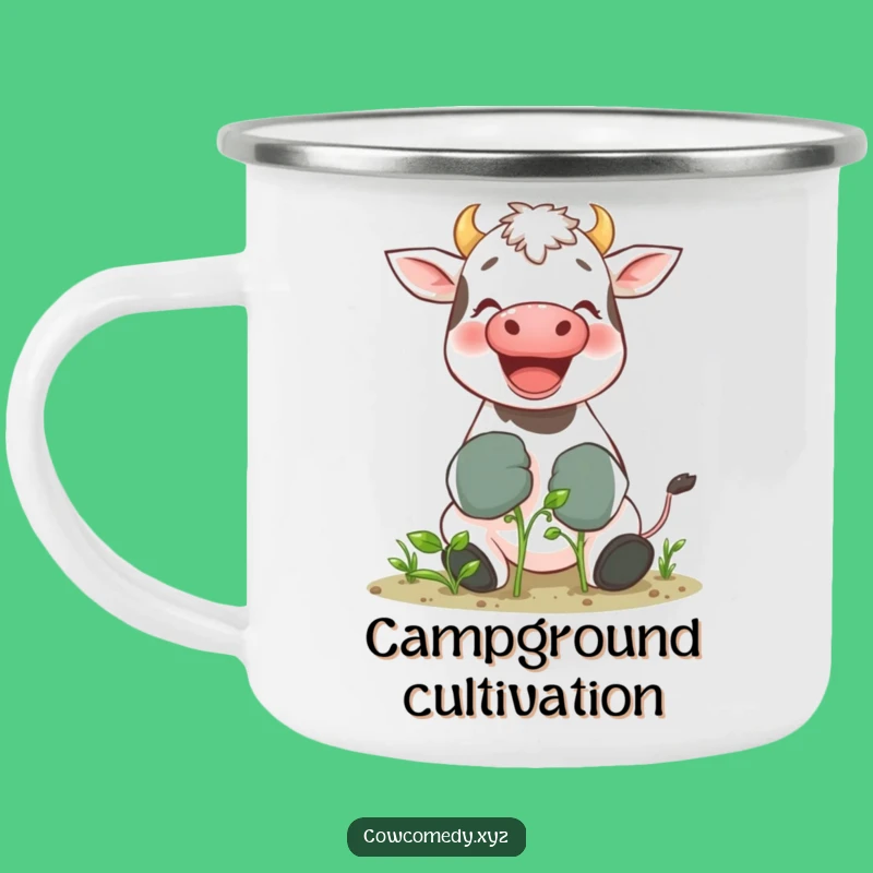 Funny Gardening Cow Camping Mug: Giggling Bovine in Gloves, Outdoor Garden Humor Gift
