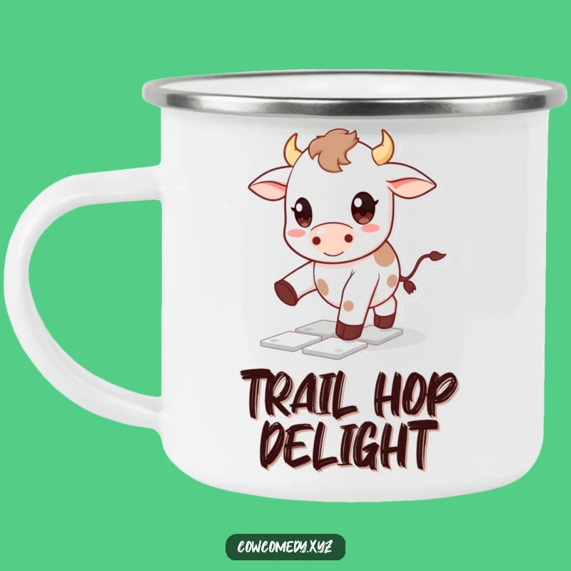 Funny Kawaii Cow Camping Mug: Hopscotch Adventure - Cute Outdoor Fun