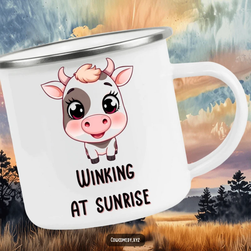 Funny camping mug featuring a smiling cow with big eyes and a playful wink, ideal for outdoor farm fun.