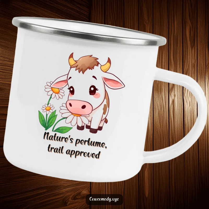 Funny enamel camping mug featuring a curious cow sniffing a large daisy, perfect for outdoor adventures.