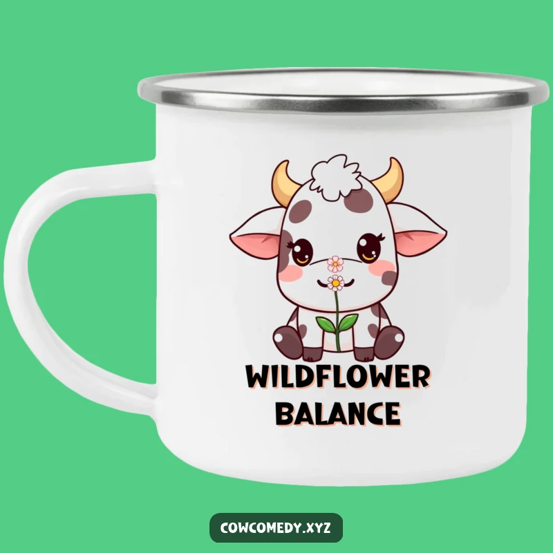 Funny Kawaii Cow Camping Mug: Flower Balance - Cute Outdoor Charm