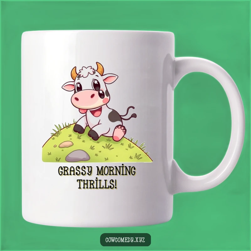 Start your day with pure joy from this funny happy cow mug, capturing the exhilaration of a slide down a grassy hill. A perfect funny gift.