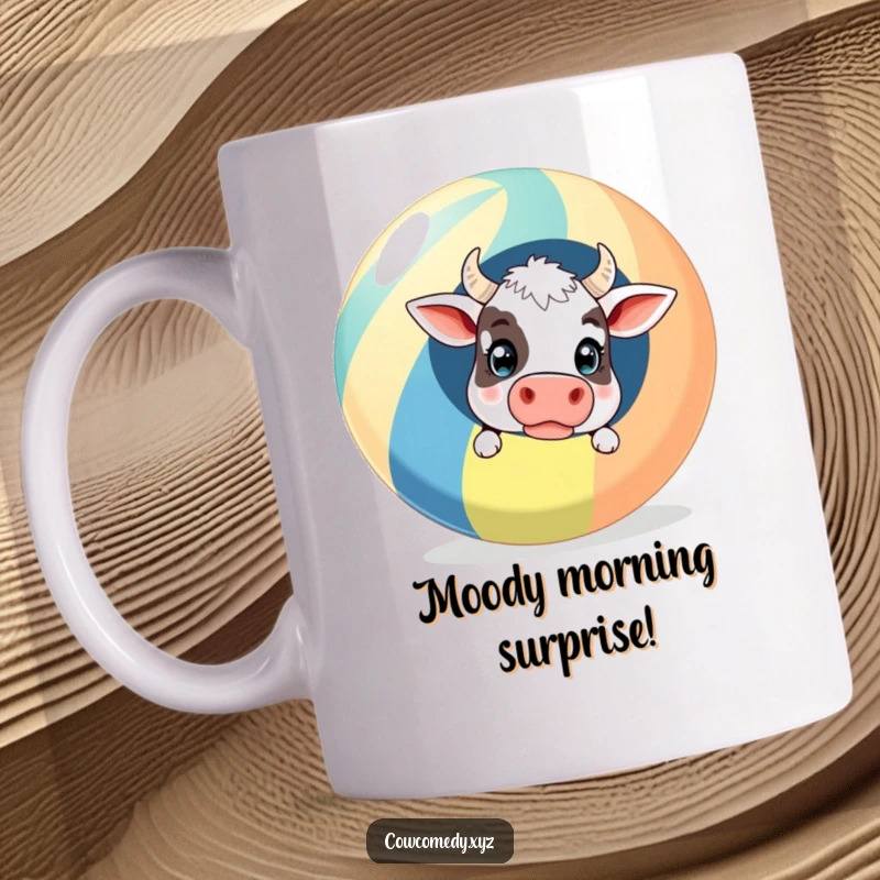 Funny Mug: A surprised cow peeking from behind a giant striped beach ball, capturing a moment of comical shock and beachy fun.