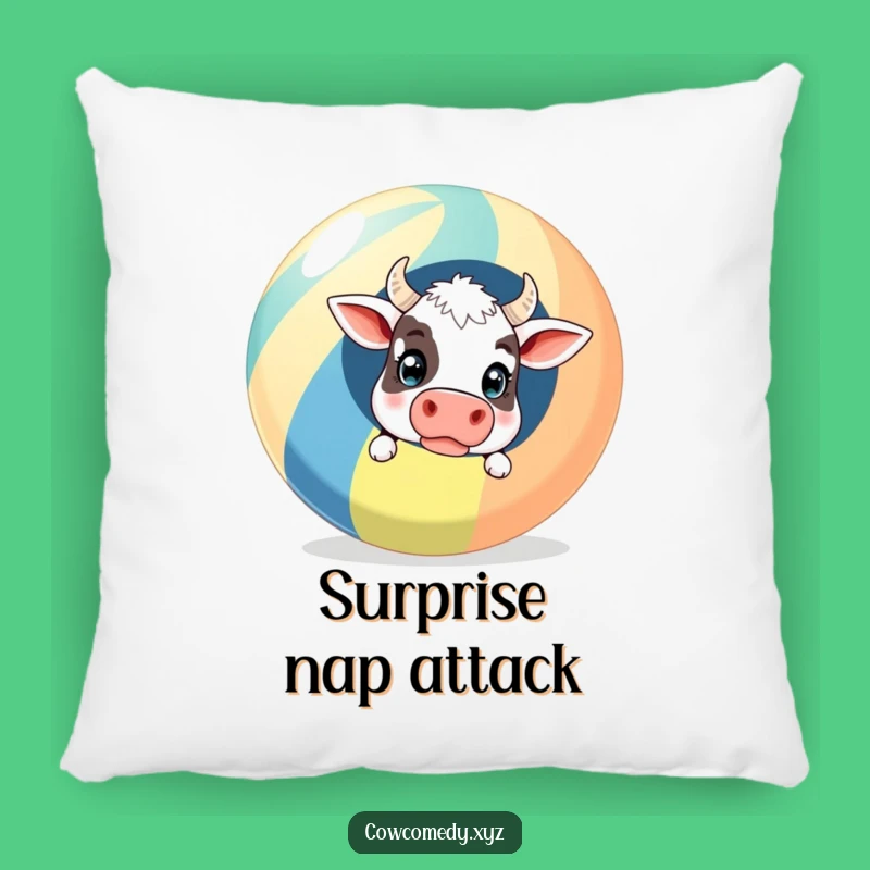 Rest your head on a laugh with this funny surprised cow pillow, featuring a comical beach ball surprise. A lovely funny gift.