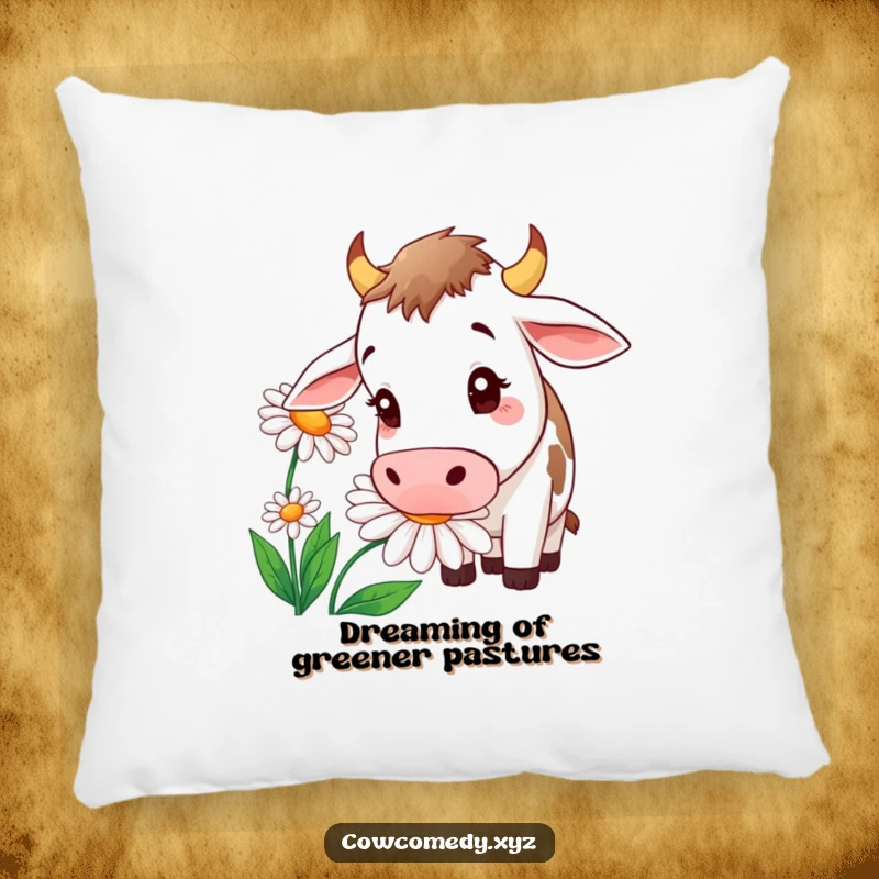 Funny throw pillow featuring a curious cow sniffing a massive daisy, offering comfort and a touch of farm humor.
