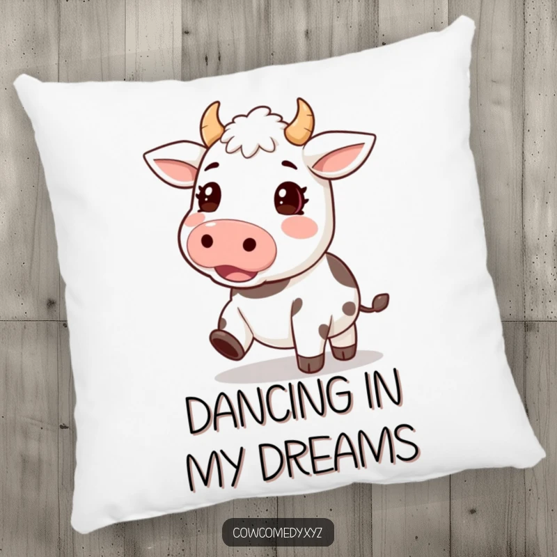 Funny pillow featuring a kawaii cow character energetically tapping its hooves, perfect for adding a playful rhythm to any room.