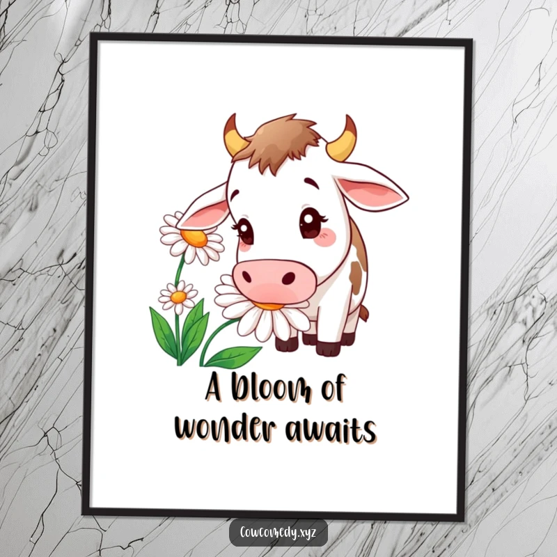 Funny digital art print of a curious cow sniffing a large, vibrant daisy, perfect for instant home decor.
