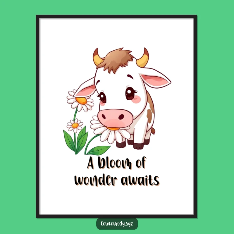 Instantly download and print this funny art! A cow’s keen interest in a giant daisy brings joy and whimsy to any digital collection.