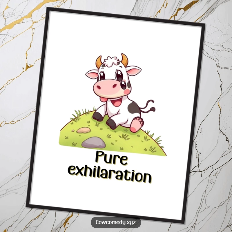 Funny Digital Art Print: A happy cow sliding down a grassy hill with wide, delighted eyes, offering joyful and cheerful visual appeal.