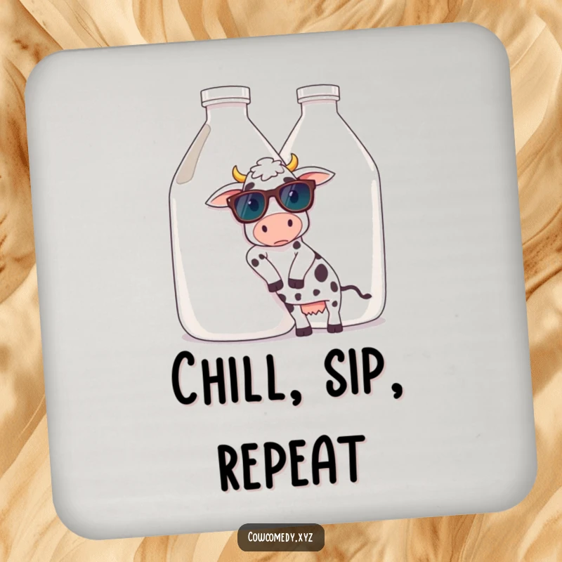 Funny drink coaster showcasing a cow in sunglasses, casually leaning on a giant milk jug, offering cool protection for surfaces.