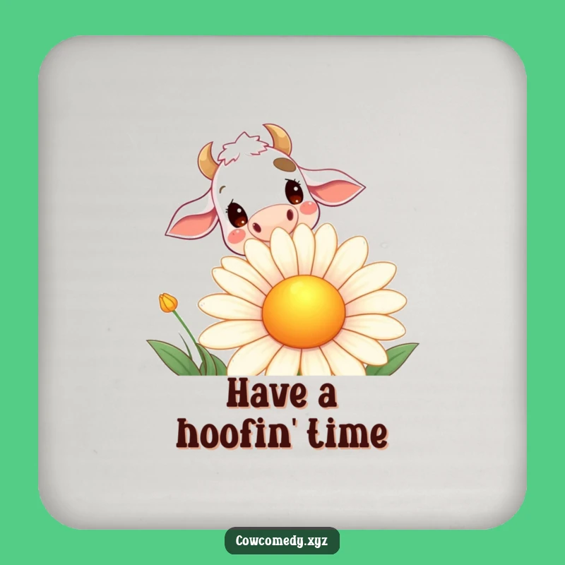 Funny Daisy Cow Drink Coaster: Curious Cow Peeking Smiling Flower, Protect Surfaces with Humor