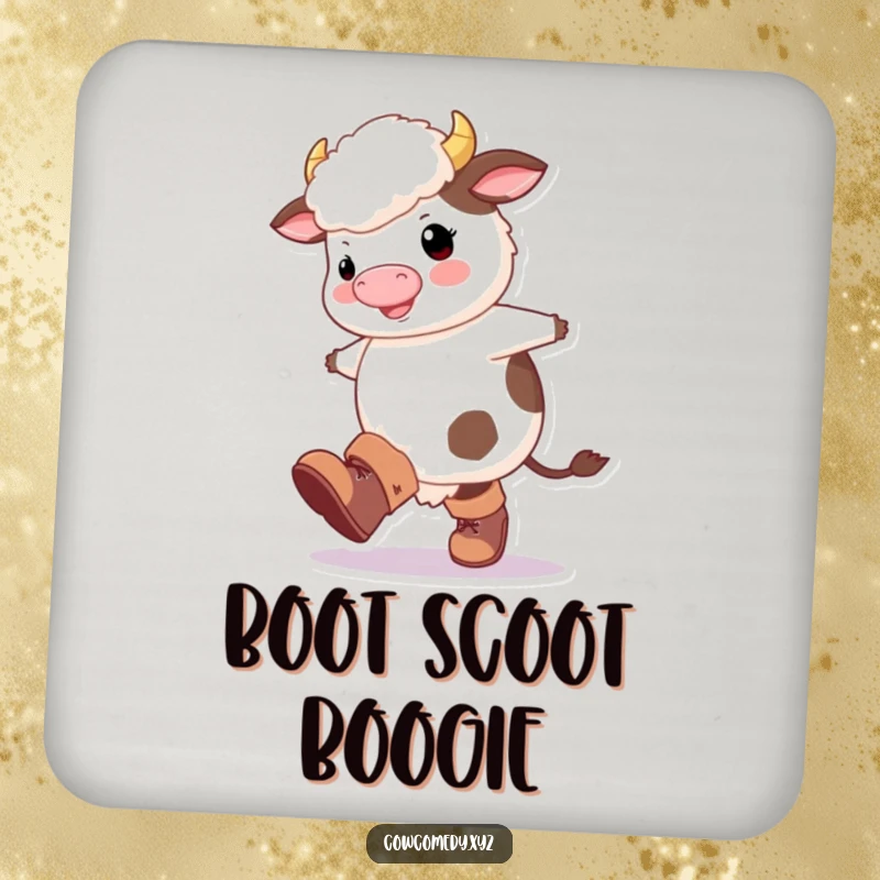 Funny Fluffy Cow Coaster: A fluffy cow in oversized boots happily kicking its legs, offering humorous surface protection.