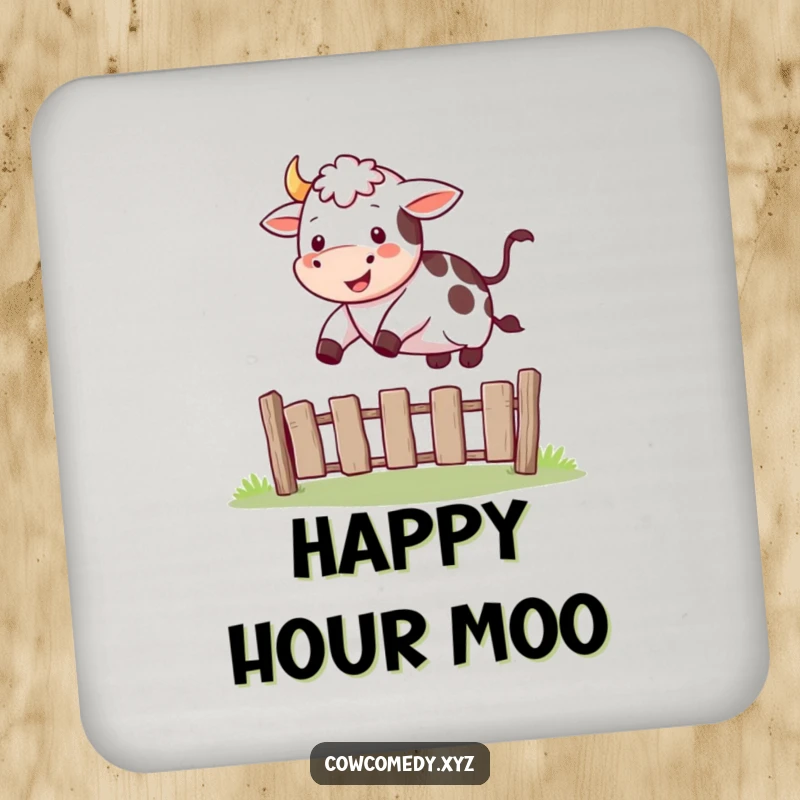 Funny drink coaster with a happy cow joyfully jumping over a small fence.
