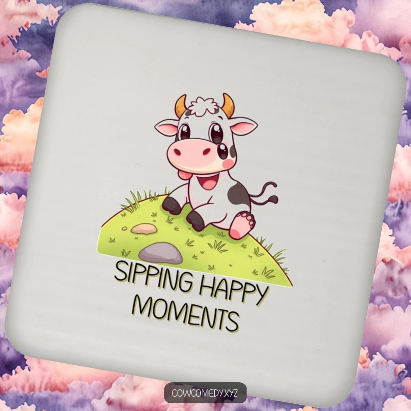Funny Drink Coasters: A happy cow sliding down a grassy hill with wide, delighted eyes, adding joyful charm to any surface.