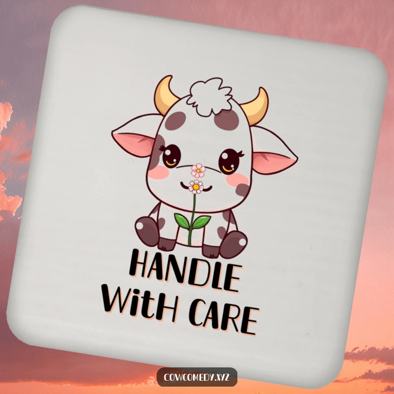 Funny Kawaii cow coaster depicting a cute character balancing a small flower on its nose, a humorous and charming table accessory.