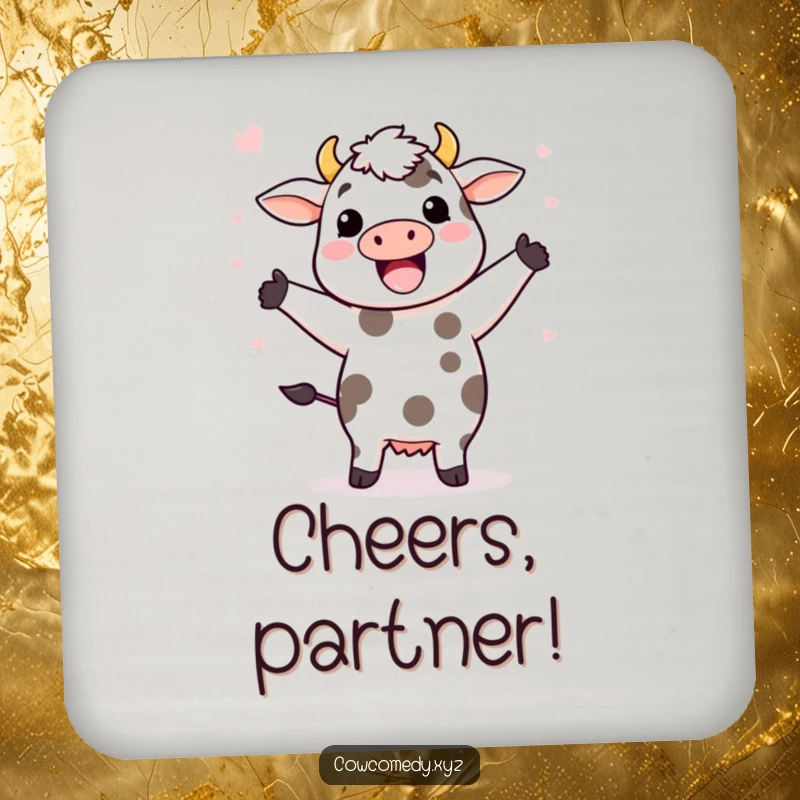 Funny drink coaster featuring a Kawaii cow doing a happy dance, with its spots flying off in a fun, energetic pattern.