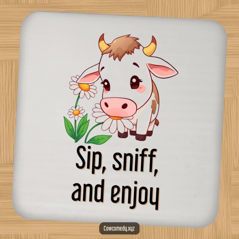 Funny drink coasters showcasing a curious cow sniffing a vibrant, oversized daisy, protecting furniture with charm.