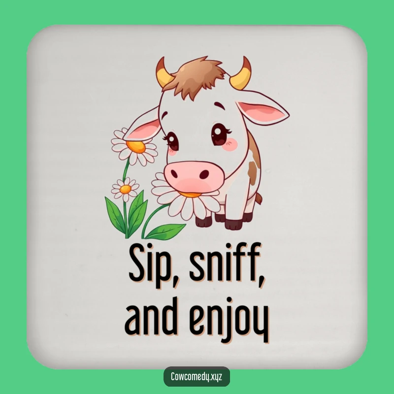 Safeguard your tables with a smile using this funny coaster set! A cow’s fascination with a giant daisy adds playful decor.