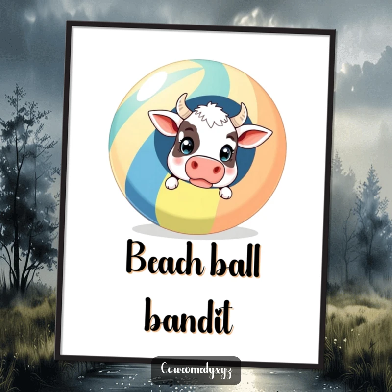 Funny Poster: A surprised cow peeking out from behind a giant striped beach ball, adding comical beachy vibes to wall decor.