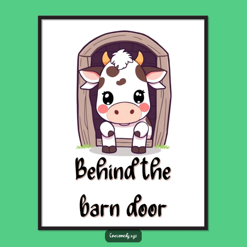 Funny Kawaii Cow Barn Peek Art Print - Playful Wall Decor