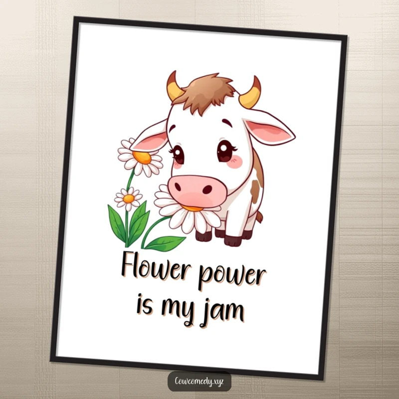 Funny poster print of a curious cow intently sniffing a giant, colorful daisy, adding whimsical charm to walls.