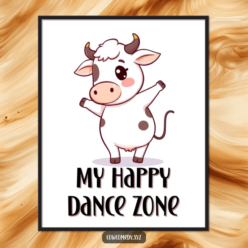 Funny cow dance poster art depicting a lively kawaii cow character in a humorous silly dance, adding cheerful and comical vibes.