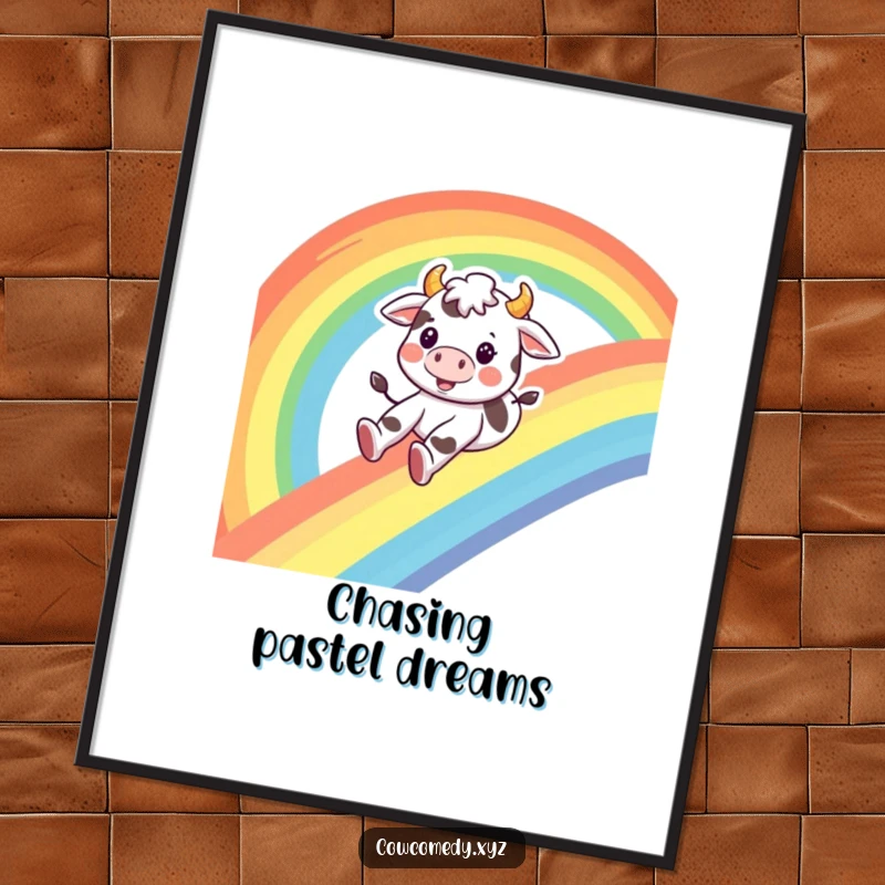 Funny cow poster, a happy cow character sliding down a rainbow, radiating pure joy and whimsical humor.