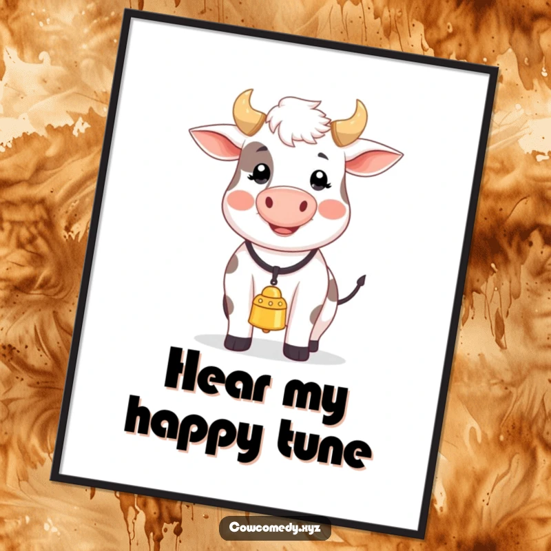 Funny poster art of a happy cow with a bell, singing its heart out, surrounded by whimsical musical notes.