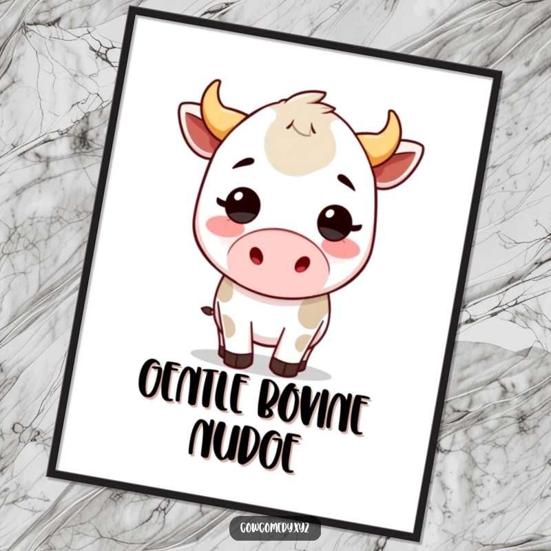 Funny kawaii cow poster displaying a cute bovine character in a silly, playful headbutt motion, perfect for whimsical wall art.