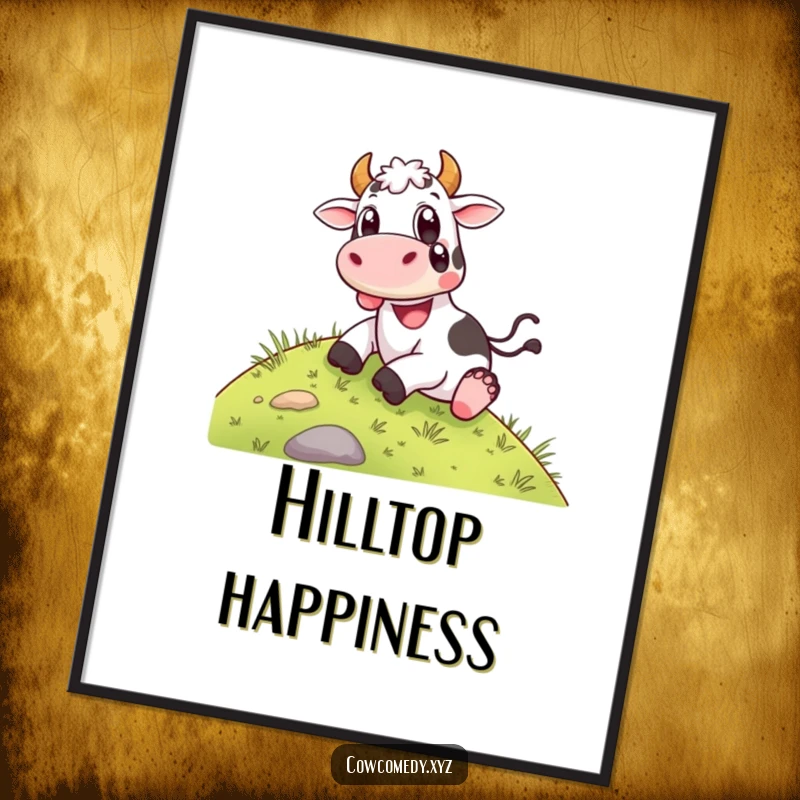 Funny Poster: A happy cow sliding down a grassy hill with wide, delighted eyes, adding cheerful and joyful vibes to any room.