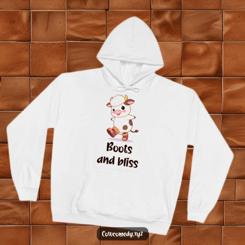 Funny Fluffy Cow Hoodie: A fluffy cow character in comically large boots, happily kicking its legs, cozy and fun.