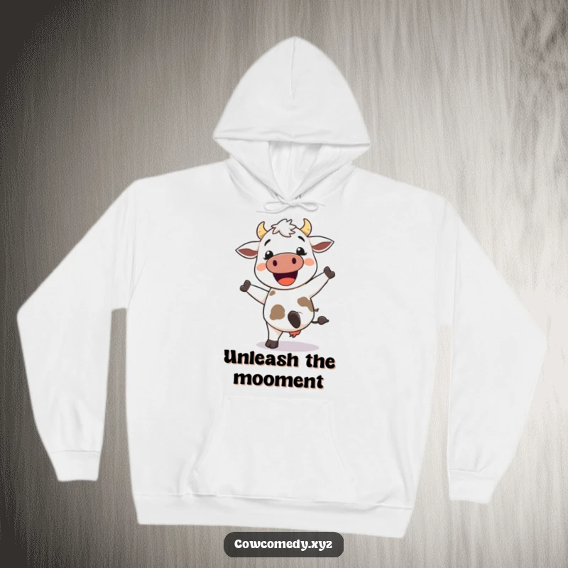 Funny Kawaii Cow Hoodie: Adorable cow in mid-air kicking heels, radiating happiness, comfortable and stylish funny wear.