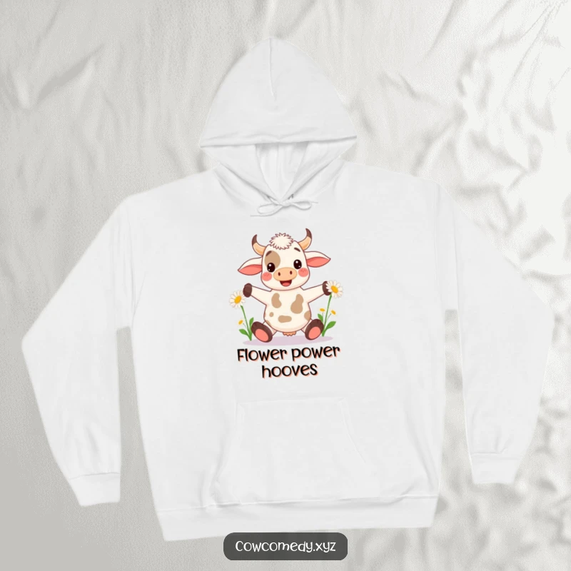 Funny Kawaii Cow Hoodie: Warm sweatshirt featuring a happy cow juggling daisies with its hooves, perfect for cozy humor.