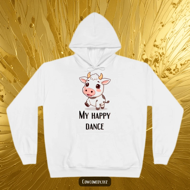 Funny hoodie showcasing a kawaii cow character energetically tapping its hooves, radiating joy and a love for music and rhythm.