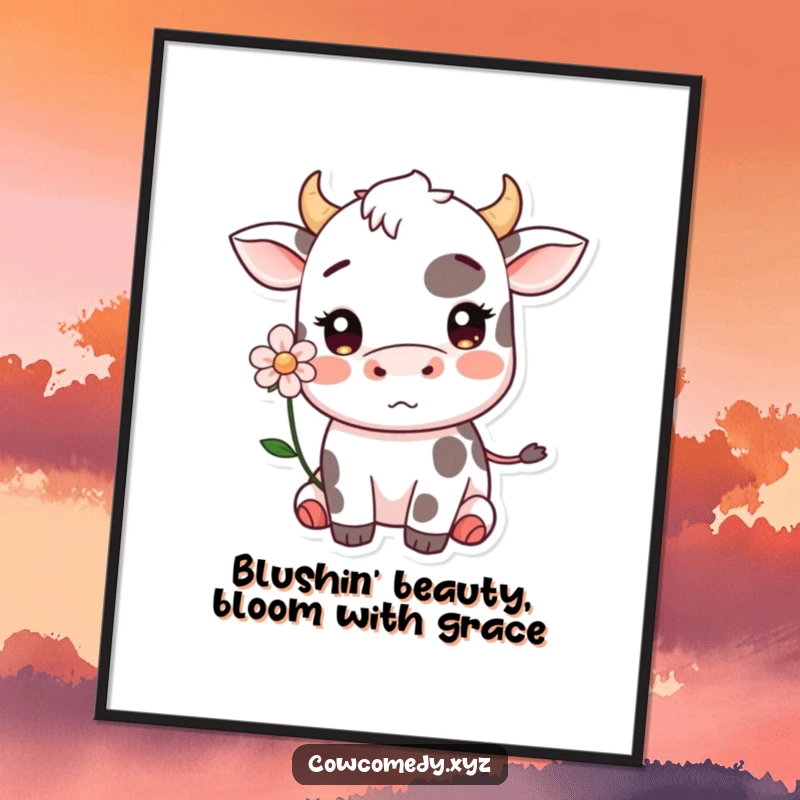 Funny Free Printable Wall Art: A cute Kawaii cow with a flower behind its ear, blushing charmingly with a sweet smile.