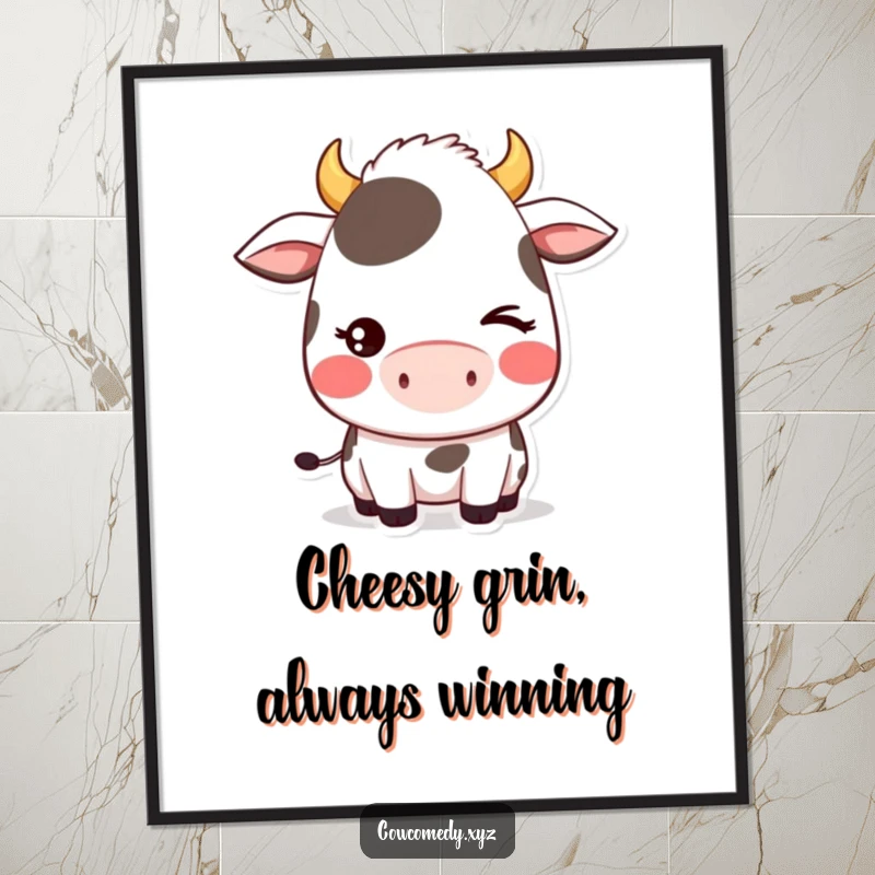 Cute Free Printable Wall Art of a blushing kawaii cow with a sweet, shy wink, adding charm to any room.