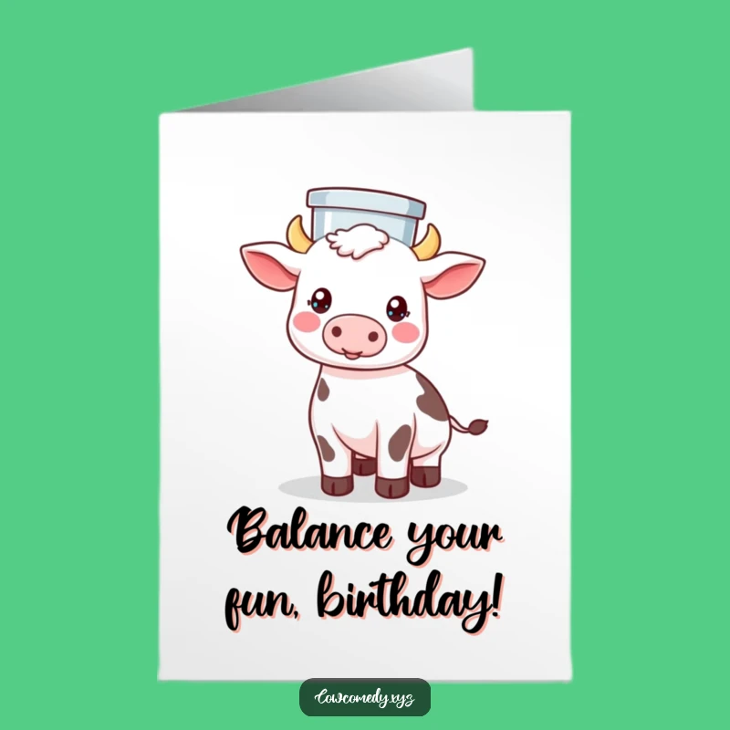 Free Printable Funny Birthday Card: Balanced Kawaii Cow's Birthday Fun! DIY Downloadable Gift.