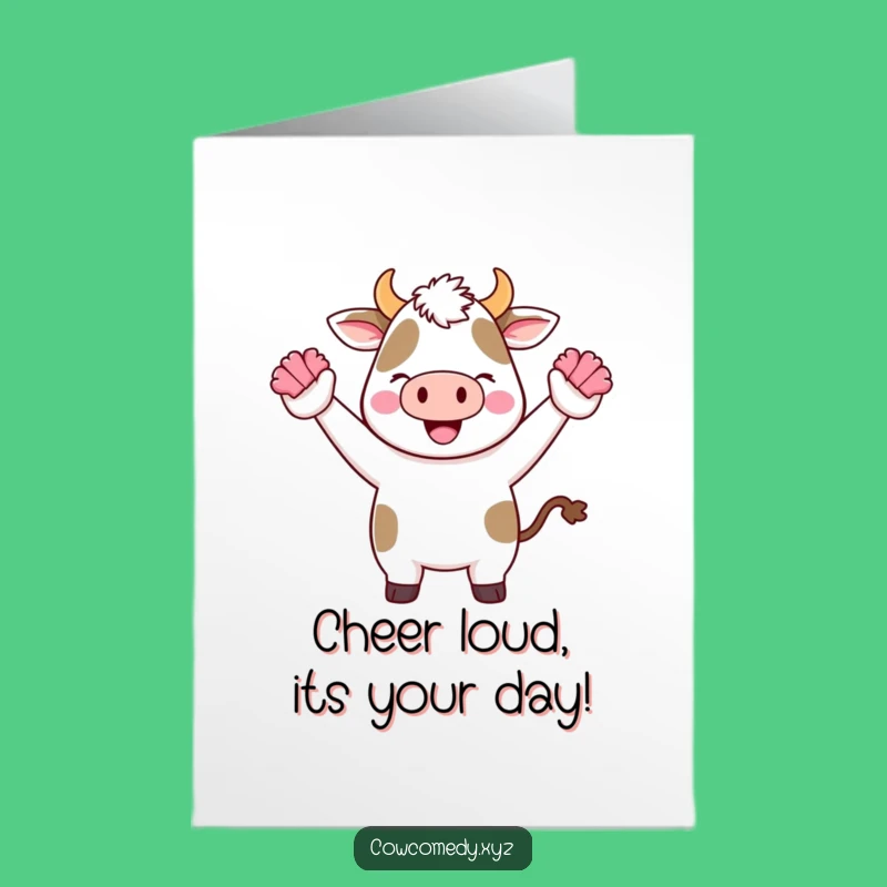 Free Printable Birthday Card: Cheering Kawaii Cow, Energetic Downloadable Gift for Joy