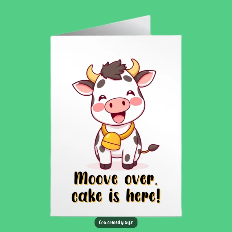 Free Printable Birthday Card: Delighted Kawaii Cow Ringing Bell, Hilarious Downloadable Card Gift