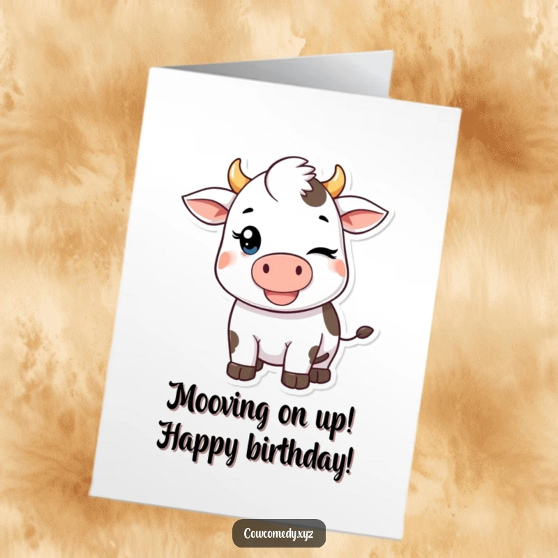 Funny Free Printable Birthday Card: Kawaii cow winking with a mischievous grin, ready to party.