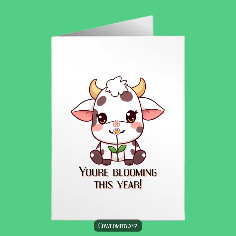 Free Printable Kawaii Cow Birthday Card: Flower Nose Balance - Cute Downloadable Gift