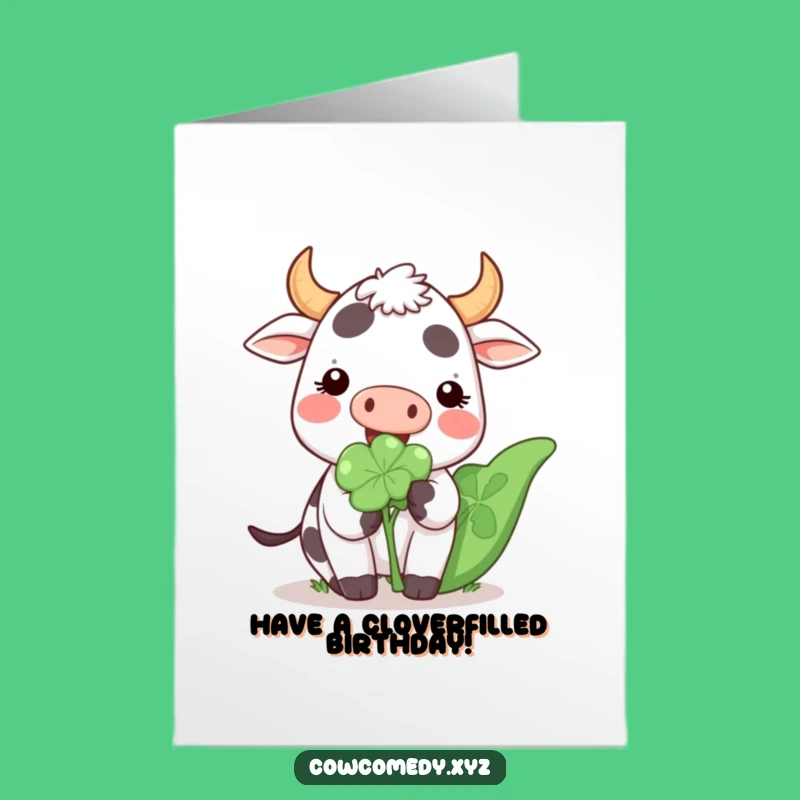Free Printable Birthday Card: Happy Kawaii Cow with Clover, Fun Downloadable Gift for Laughter