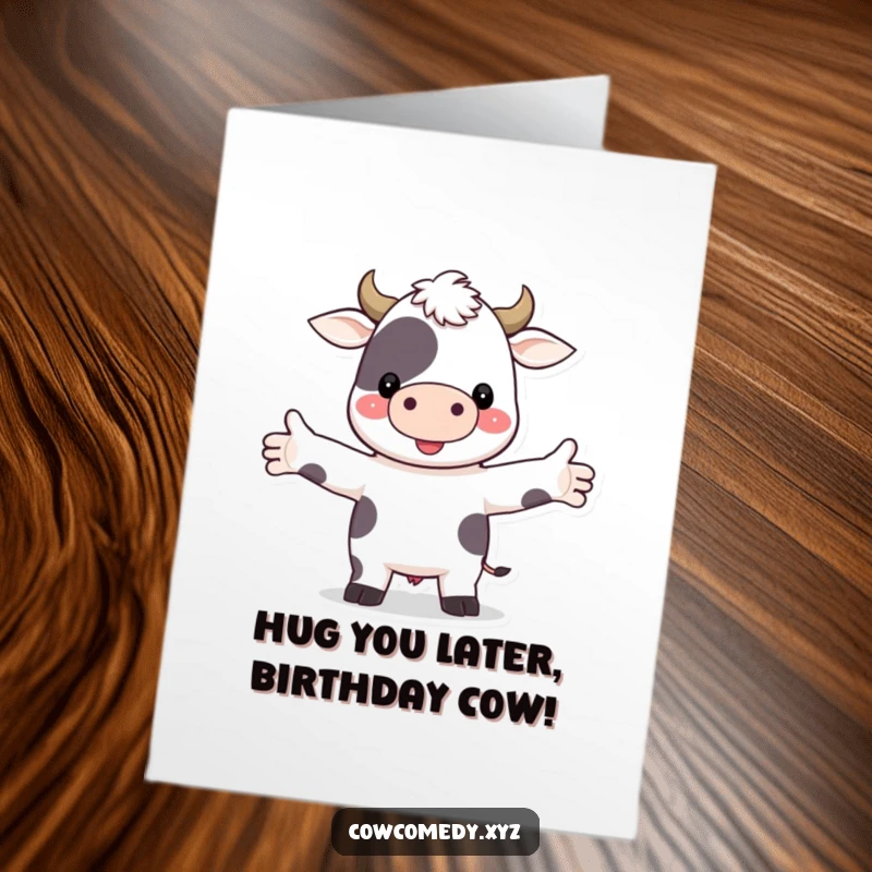 Funny Free Printable Birthday Card featuring a cartoon cow with open arms, ready for a big, friendly hug.