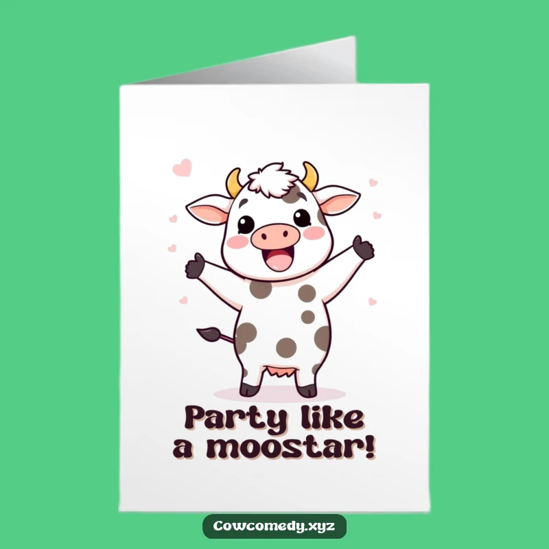 Free Printable Funny Birthday Card: Joyful Kawaii Cow Dancing! The Perfect DIY Downloadable Gift.