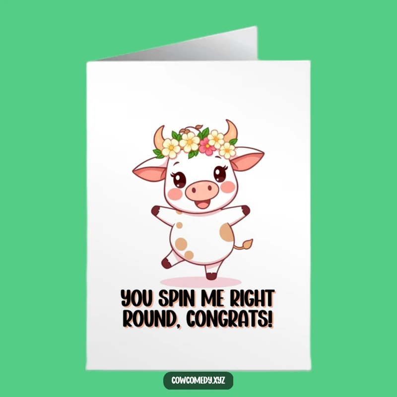 Free Printable Congrats Card: Kawaii Cow Spinning, Flower Crown, Downloadable Celebration