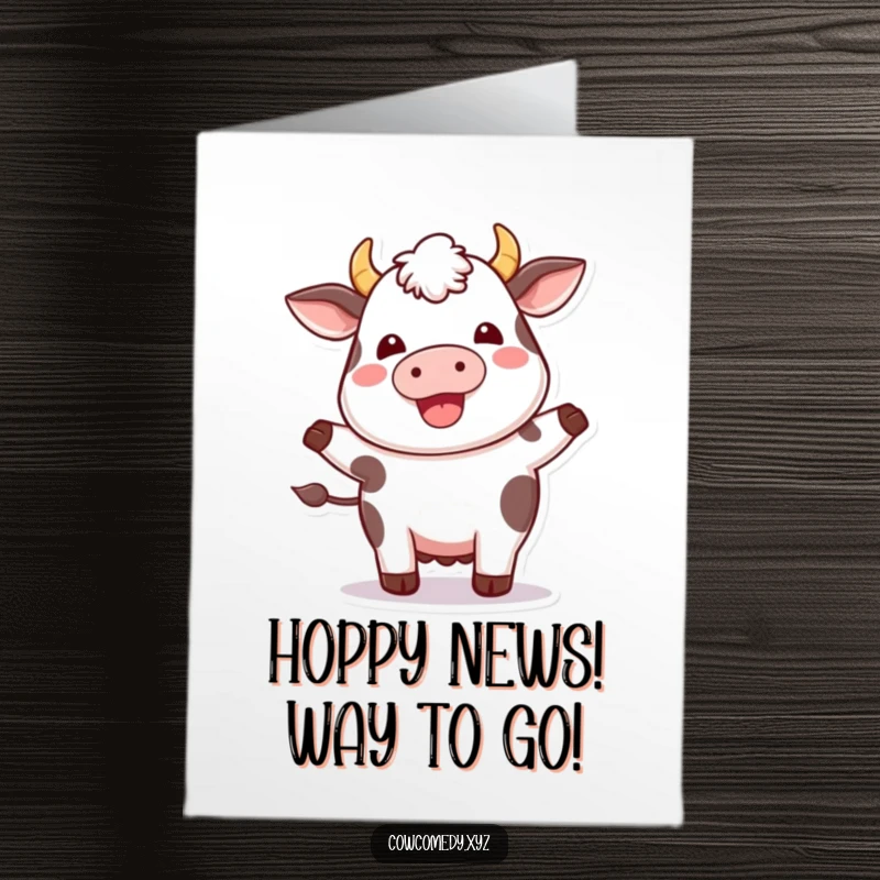 Free Printable Congratulations Card: A plump kawaii cow with a look of pure delight, performing a joyful little hop.