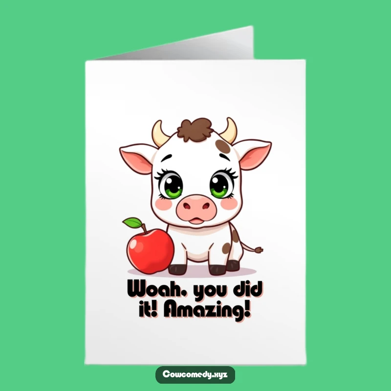 Free Printable Congrats Card: Shocked Kawaii Cow & Apple, Unique Downloadable Gift